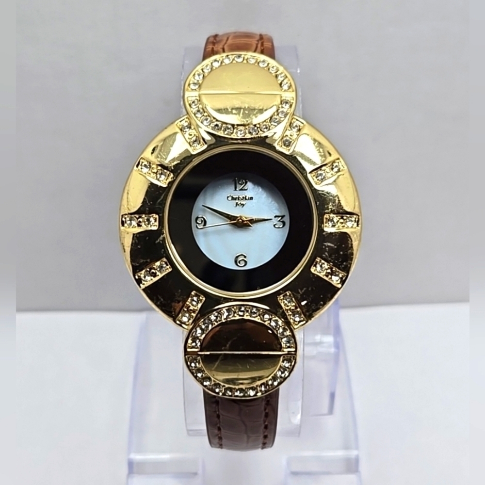 Womens Christian Joy Gold Tone Geometric Watch Crystals Leather New Battery